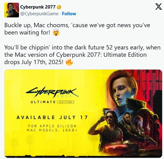《赛博朋克2077：终极版》将于7月17日登陆Mac 支持光追-乐久游-游戏盒子