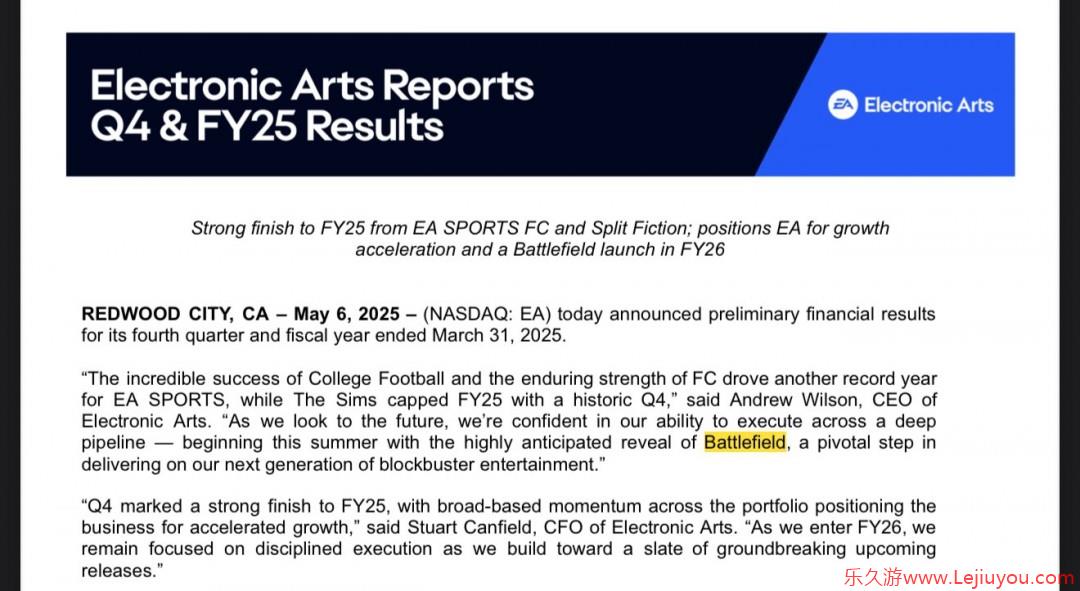 EA 2025财年财报 新《战地》确认于2026年4月前发售-乐久游-游戏盒子